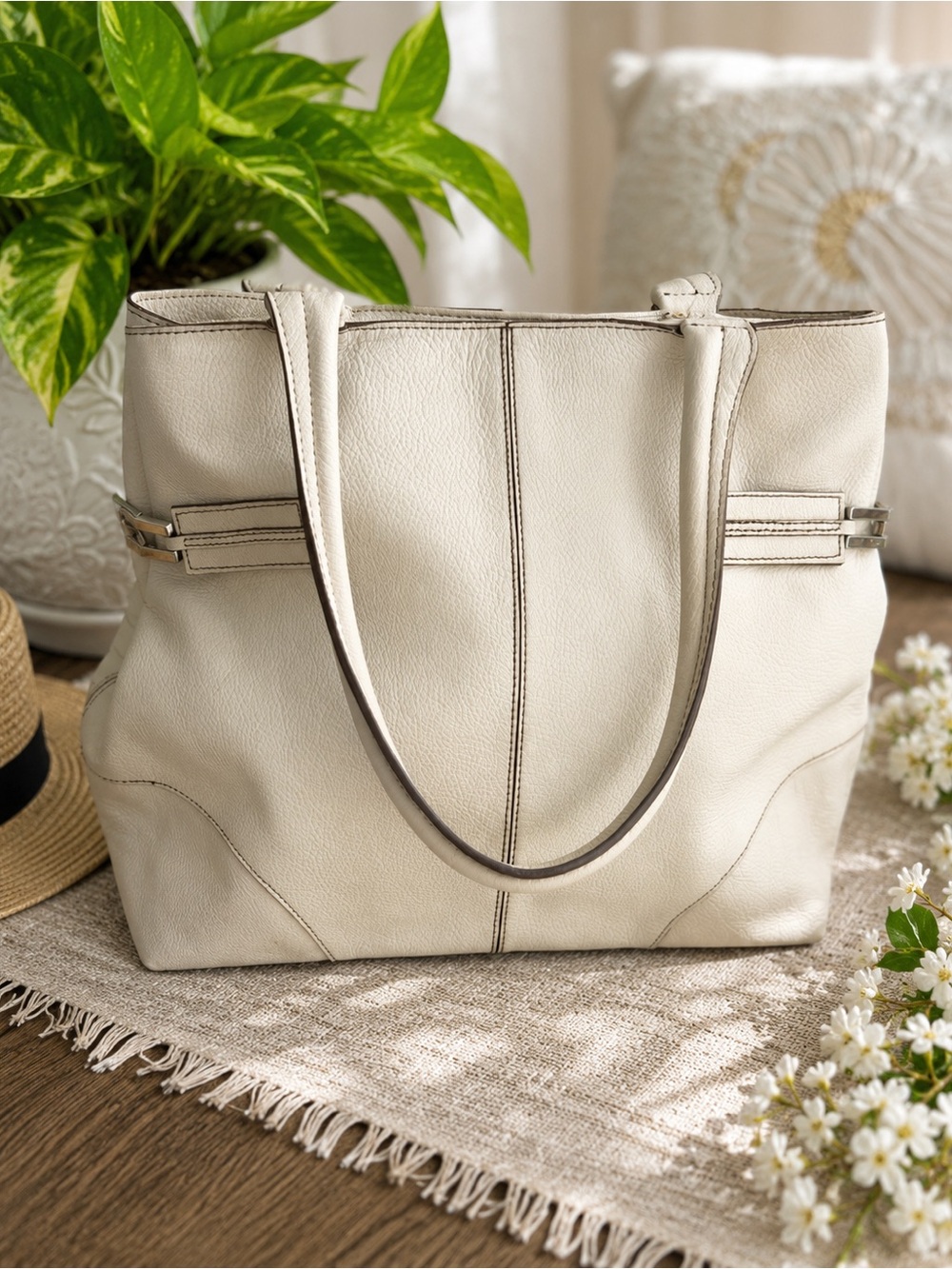 Talbots Ivory Pebbled Leather Tote Bag 100% Leather Cotton Lined Shoulder Purse